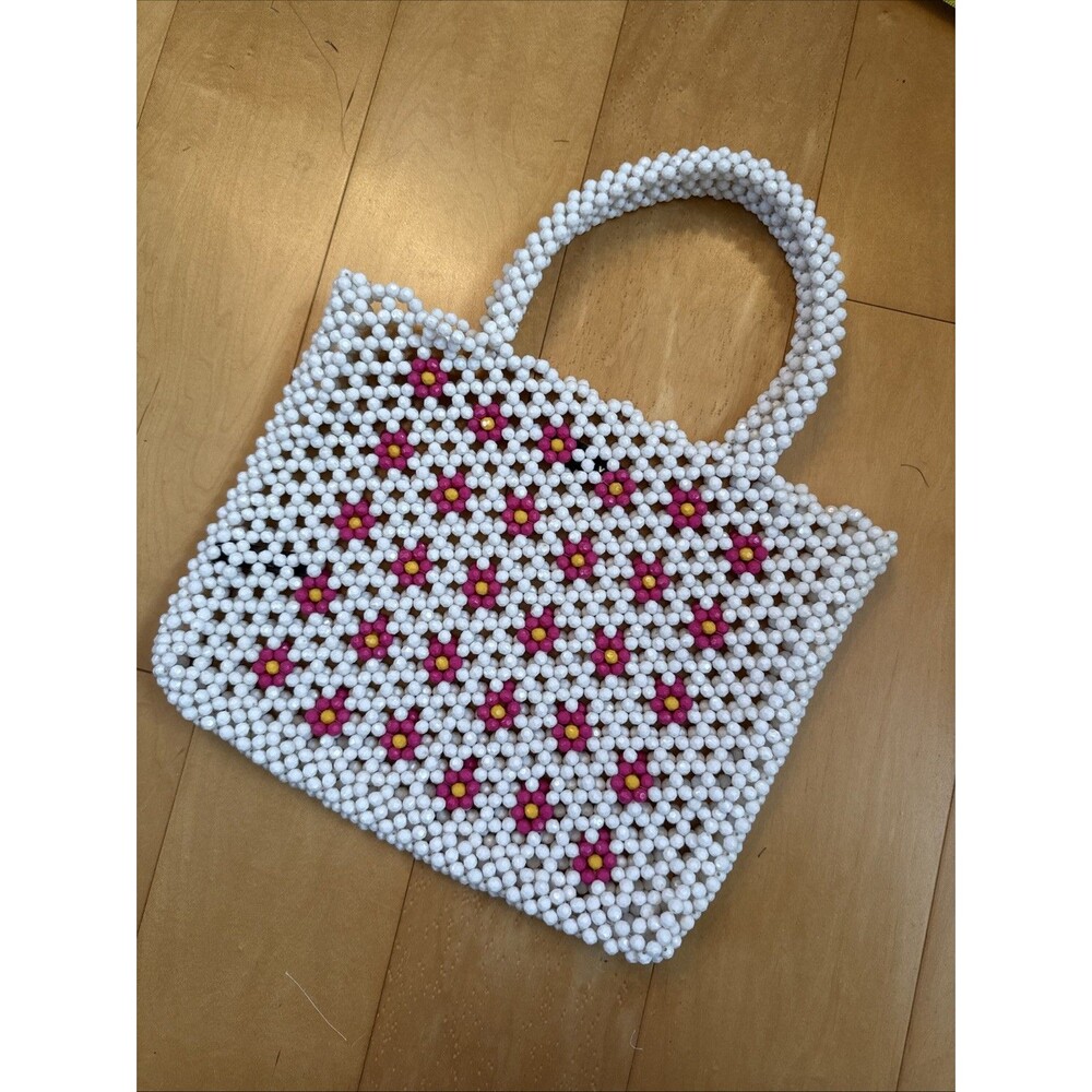BEADED Y2K BAG Trouvé White Pink Floral Top Handled Purse